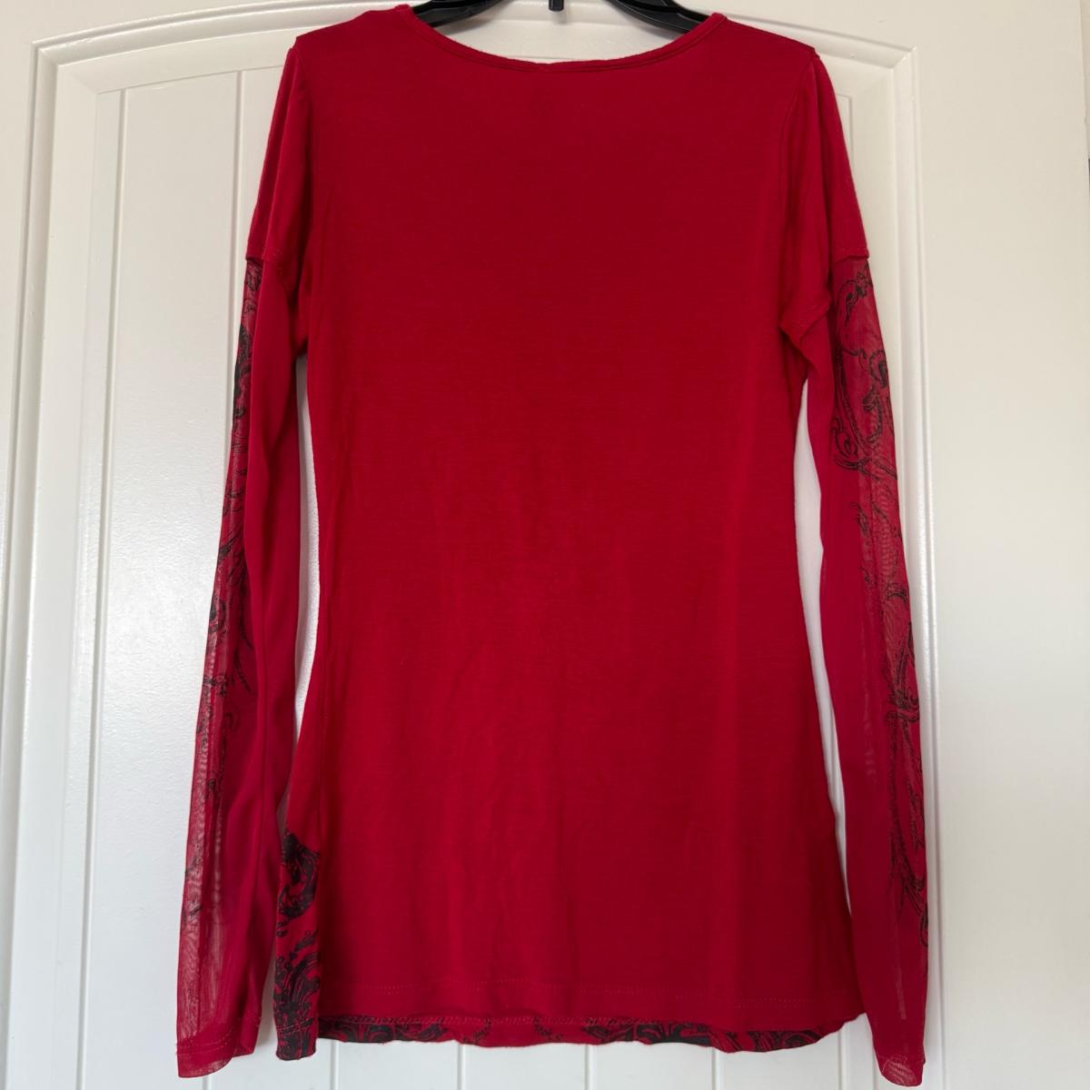 Y2K Gothic Rhinestone FleurdeLis Mesh Sleeve Top  Red  Black - Los Angeles, California - FleaMarketBay