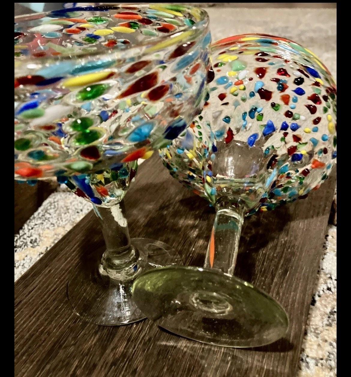 Mexican Hand Blown Margarita Glasses Confetti Set of 2 - Arvada, Colorado - FleaMarketBay
