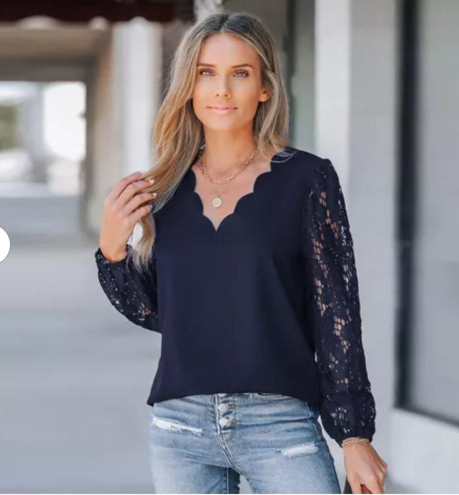 Cupshe Navy Lace Sleeve Blouse Womens Medium Elegant Long Sl - Worcester, Massachusetts