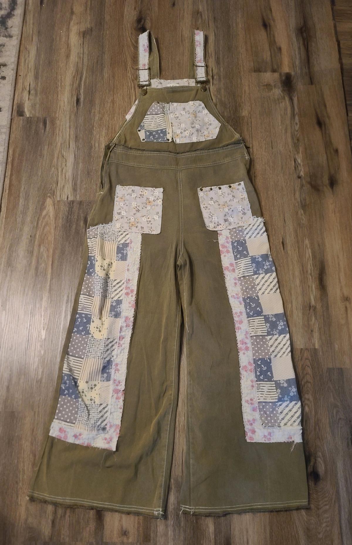 POL Overalls Womens L Green Patchwork Embroidered Wide Leg F - San Antonio, Texas