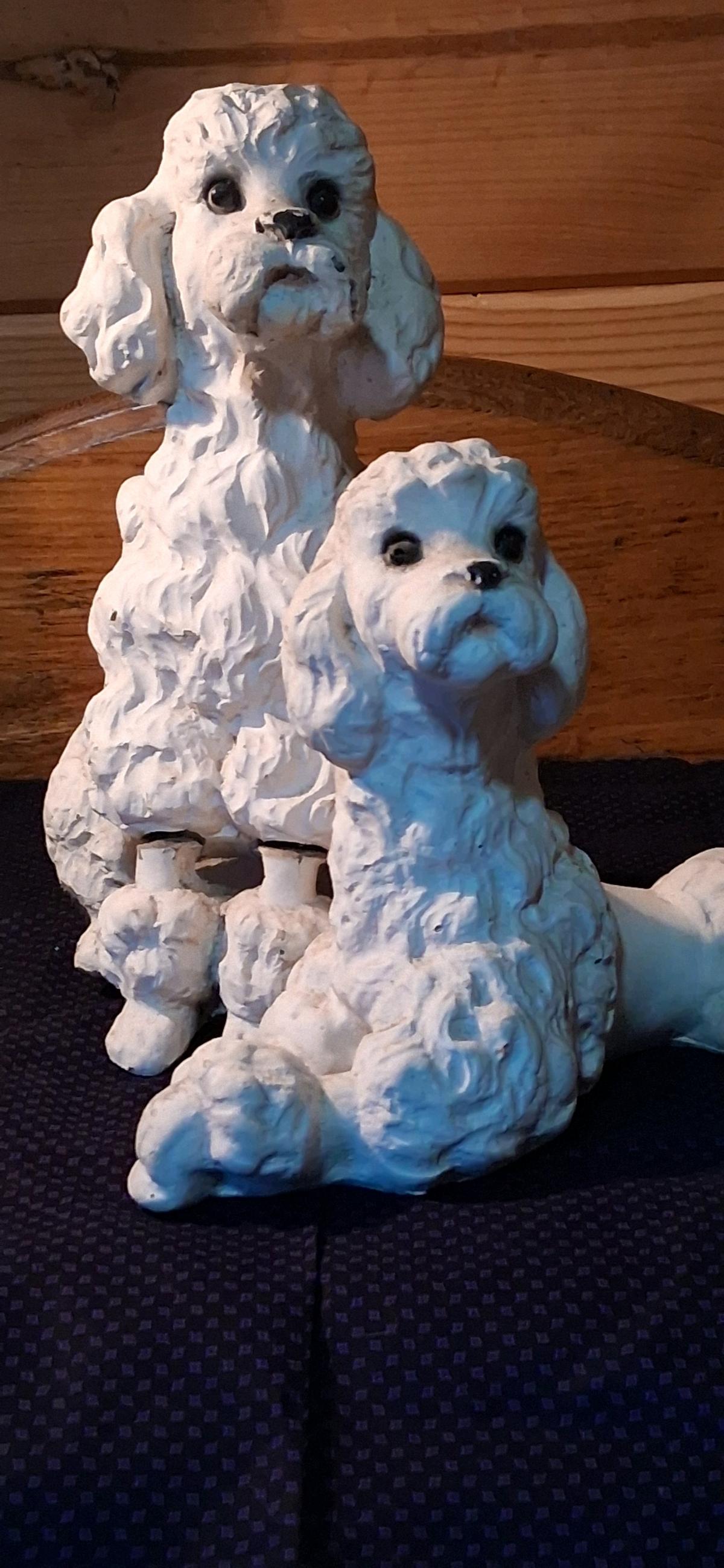 Vintage White Chalkware Poodle Dog Statues - Marshfield, Wisconsin