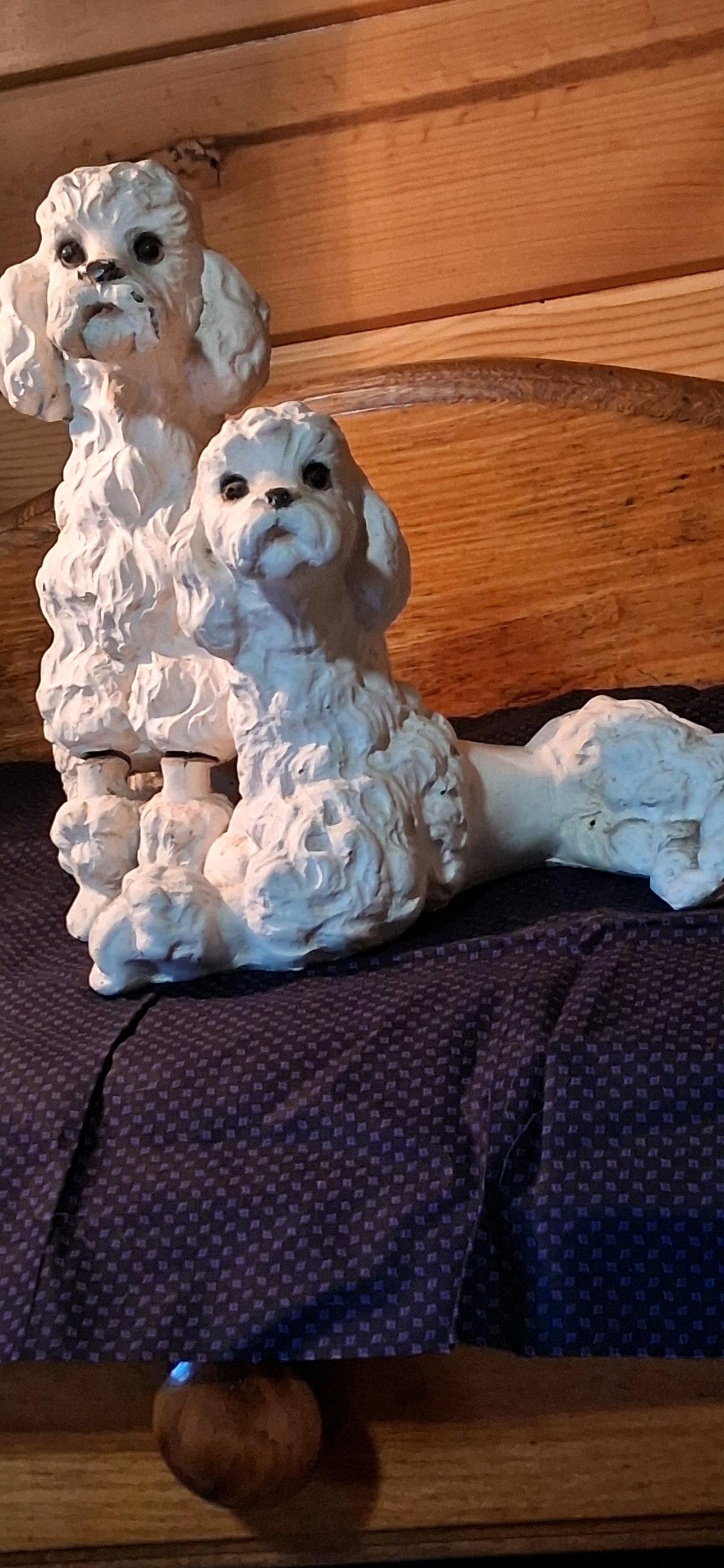 Vintage White Chalkware Poodle Dog Statues - Marshfield, Wisconsin - FleaMarketBay