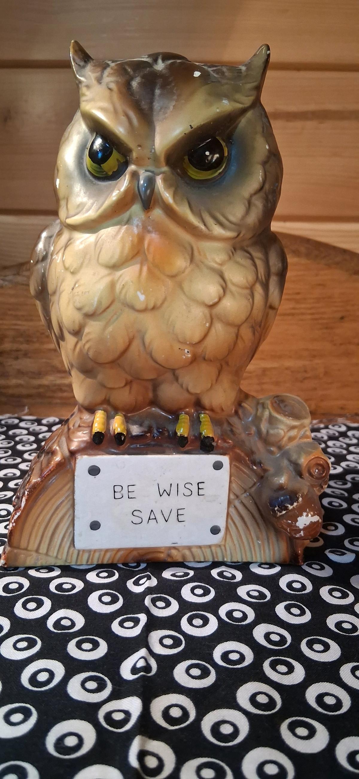Vintage Ceramic Be Wise Save Owl Coin Bank MidCentury Decor