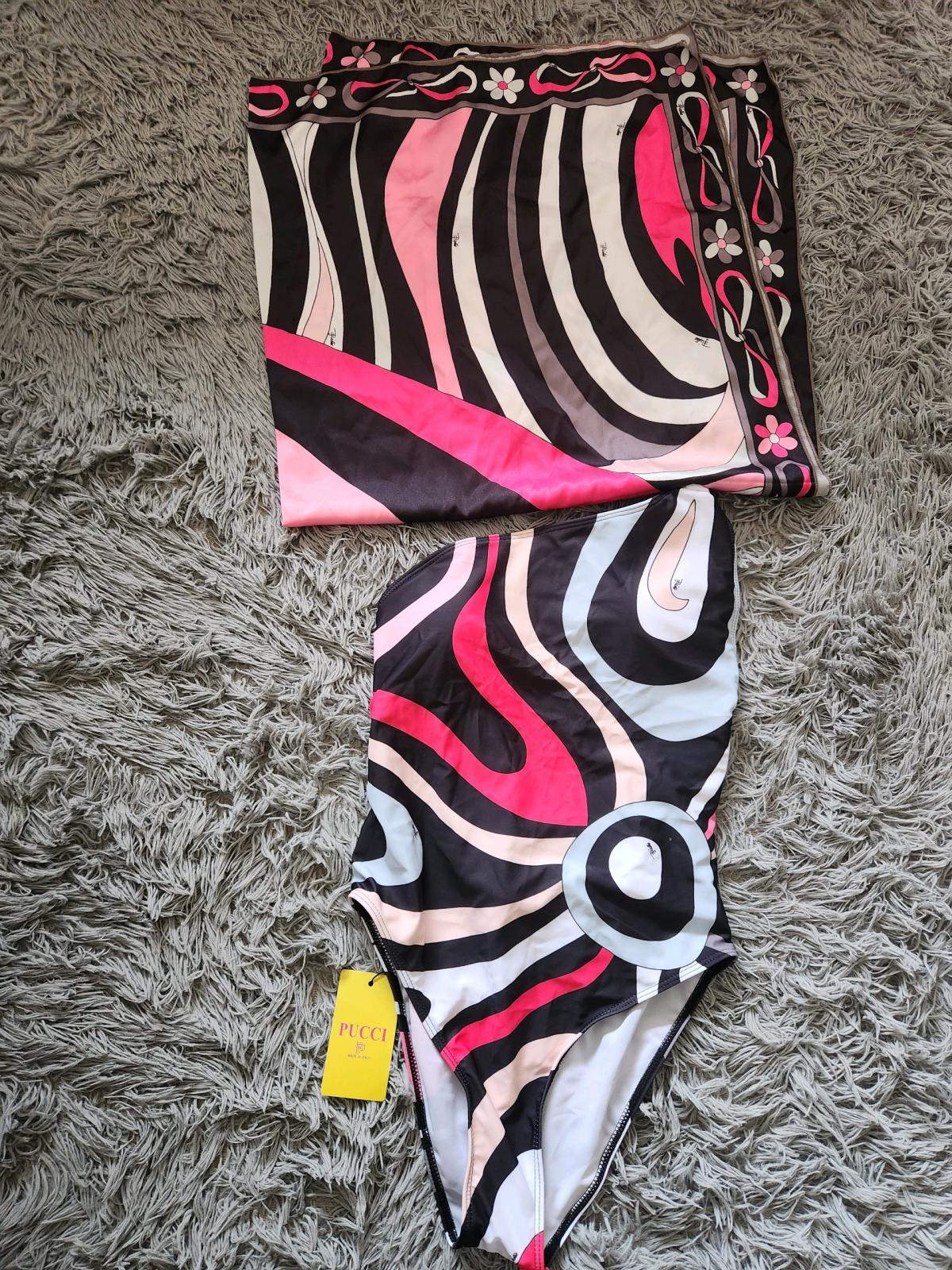 Emilio Pucci Pink  Black Swirl OnePiece with Matching Scarf - Little Neck, New York