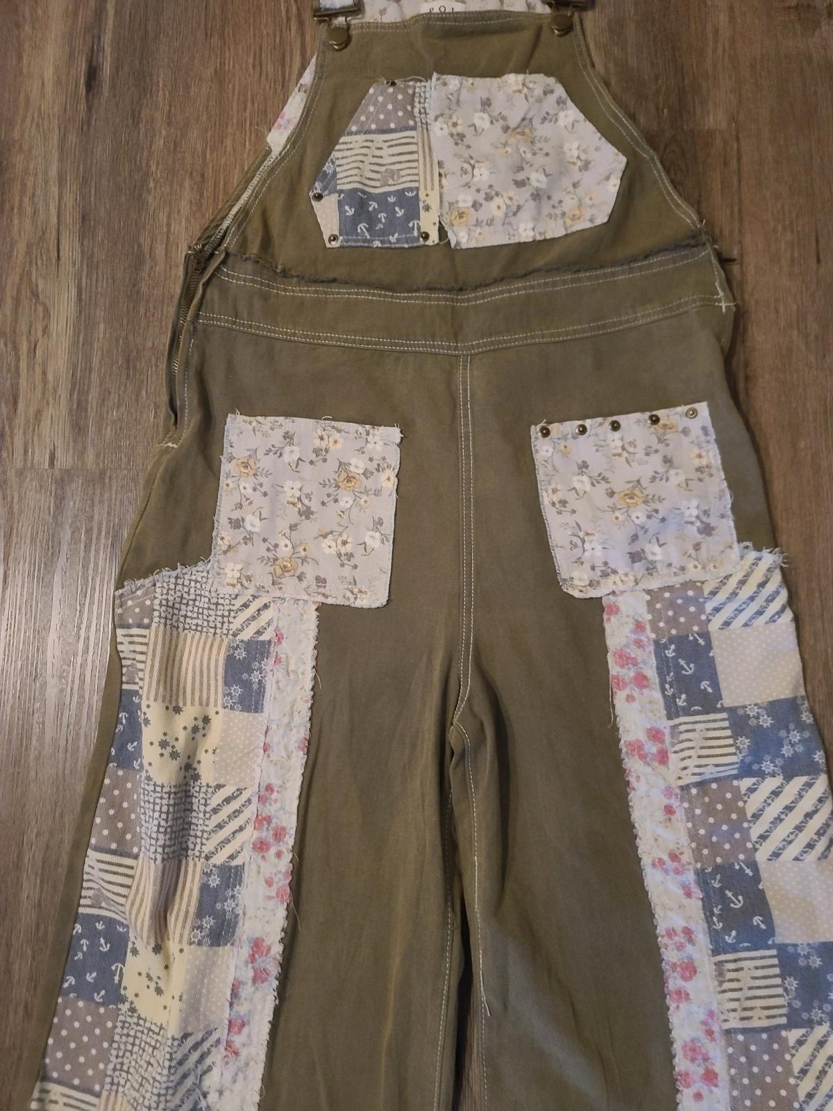 POL Overalls Womens L Green Patchwork Embroidered Wide Leg F - San Antonio, Texas - FleaMarketBay