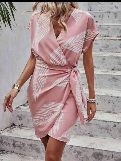 Essence Tropical Print Batwing Sleeve Knot Side Wrap Dr - Thumbnail 1