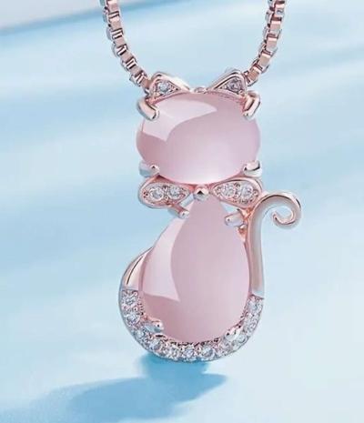 Pink Jade Jadeite Rose Gold Plate Cat Pendant Necklace