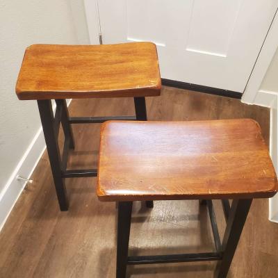 2 Wood Saddle Style Bar Stools - Thumbnail 2