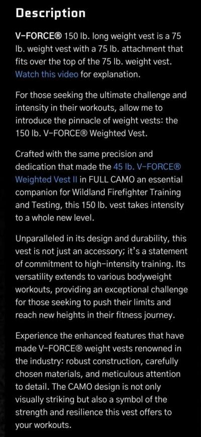 V Force 150 Pounds long weight training vest - Thumbnail 4