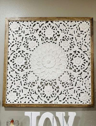 Large Square White Wood Floral Carved Scrolling Rustic - Thumbnail 2