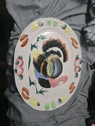Vintage TURKEY PLATTER  Embossed Ceramic Hand Painted JAPAN - Thumbnail 5