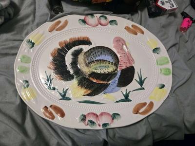 Vintage TURKEY PLATTER  Embossed Ceramic Hand Painted JAPAN - Thumbnail 2